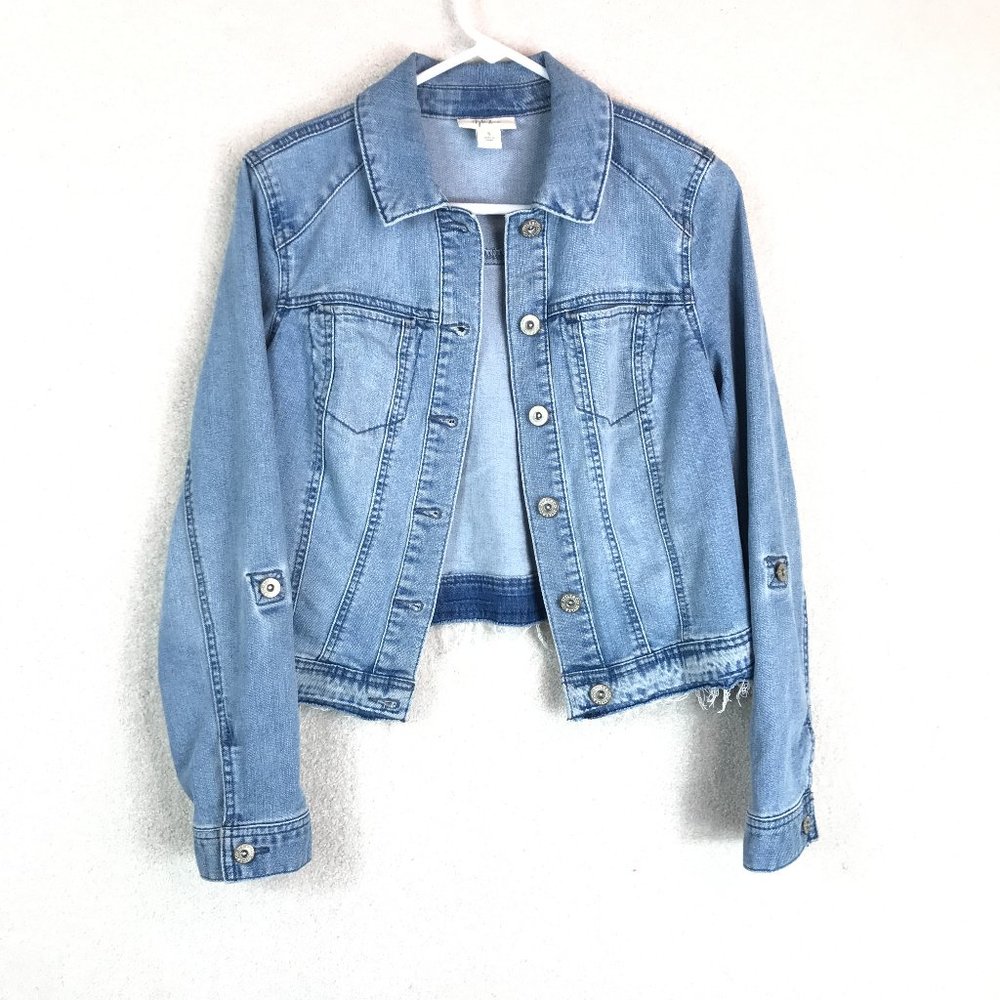 Style & Co Cropped Denim Jean Jacket Womens Small Blue Raw Hem Roll Tab Sleeves